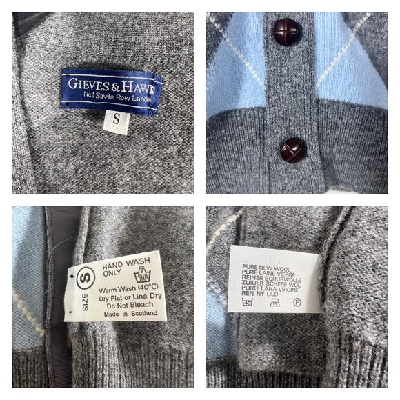 Gieves & Hawke Pure New Wool Button Down Knit Argyle Cardigan Vest Size S - Picture 5 of 9